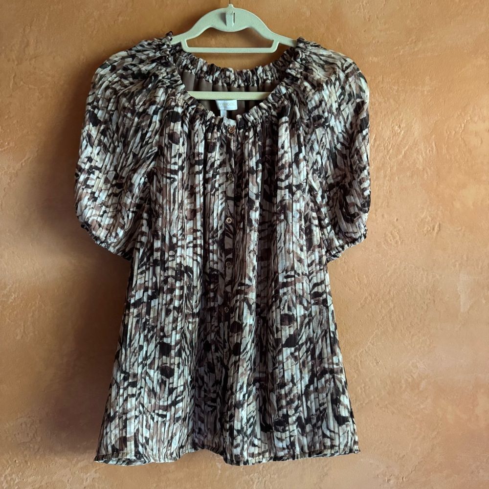 Ramy Brook Lined Pleated Blouse XL Elastic Neck Puff Sleeve